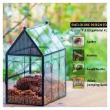 NCYP Glass Enclosure with Vent Holes for Jumping Spiders, Praying Mantis, Small Insect - 7.5" x 4.9" x 9" Front Opening Door Vented Glass Terrarium - House Shape, Home Decor, Black (Terrarium Only)