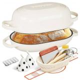 Enameled Cast Iron Dutch Oven for Bread Baking - incl. Sourdough Bread-Baking Supplies like Banneton Bread-Proofing Basket - 5QT Loaf Cast Iron Bread Oven Pan& Meatloaf Pan with Lid, Sour Sough Tools,