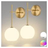 Gold Battery Operated Wall Sconces Set of 2, Rechargeable Wireless Wall Lights with Milky White Frosted Glass Shade, 12 RGB and 3CCT Dimmable, Wall Lamps with Remote for Bedroom Living Room Hallway