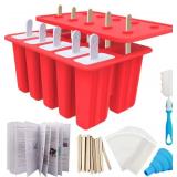 Miaowoof Homemade Popsicle Molds, 10-Cav Non-BPA Silicone Ice Pop Maker, with 50 Sticks, 50 Bags, 10 Reusable Sticks, Funnel, Brush and Ice Pop Recipe (Red)