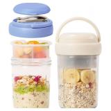 UWILLION Overnight Oats Containers with Handles, 16 oz Glass Mason Jars with Lids, Folding Spoons & Topping Compartments, Yogurt Parfait Cups for Meal Prep, Chia Pudding, Breakfast to Go, 2 Pack