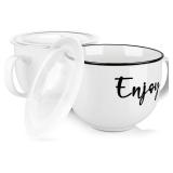 DAYYET Soup Mugs with Handles and Vented Lids, 26 oz Microwavable Soup Bowls, Ceramic Mugs Set for Overnight Oats, Cereal, Noodles, Ramen, Pasta, Salad, Oversized Coffee Mugs, Set of 2, White