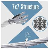 Houseables 1/4 Cable, Wire Rope, 1/4" OD, 0.149" ID, 7x7 Braided, Coated Cable, Vinyl Coated Wire Rope, Clothes line, Clothesline, Aircraft, Tension, Galvanized Metal, Steel, Plastic Covered, 500 Feet