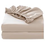 2-Pack Pure Cotton Bottom Sheet Twin Size, 600 Thread Count 16" Deep Pocket Egyptian Cotton Fitted Sheet (2-Pack, Twin, Stripted Beige)