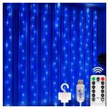 DomeStar 300 LED Fairy Curtain Lights, 9.8ft x 9.8ft Waterproof String Hanging Lights with 8 Modes Remote, Plug in Design for Bedroom Patio Garden Party Wedding Wall Ambient Decor (Blue)