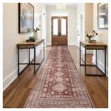 Washable Runner Rug, Boho Vintage Hallway Rug Non-Slip Rubber Backing, Low Pile Faux Cashmere Distressed Carpet for Living Room Bedroom Kitchen Laundry Entrance, Burgundy (Burgundy, 2x12ft)