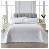 Qucover White Oversized King Bedspread, Soft Microfiber Lightweight California King Quilt, 3-Piece Ultrasonic Quilting Paisley Pattern Oversized King Quilt Sets with Shams, 128 x 120 Inches