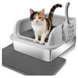 Stainless Steel Cat Litter Box, High Wall Kitty Litter Box for Small Cats, Metal Litter Box with Lid, Non-Sticky, Anti-Leakage, Easy Cleaning, Include Cat Mat and Scoop, 17.2"x13.2"x8.4"