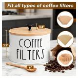Coffee Filter Holder with Lid, Metal Round Coffee Filters Storage Container, White Large Coffees Pod Organizer Basket Coffees Bar Decor Accessories for Counter, Farmhouse