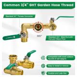 2 Way Brass Garden Hose Splitter Heavy Duty, 360  Rotatable Y Valve, Full Flow Large Ball Valve, 304 Stainless Steel Long Handle, 3/4" GHT Thread for Outdoor Faucet Lawn Irrigation Car Wash