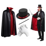 4 Pcs Red Black Magician Set Wizard Ribbon Hat Cape Gloves Wand Unisex Gothic Costume for Halloween Cosplay Stage