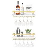 Mkono Wall Mounted Wine Rack Set of 2 White Wood Wine Bottle Glass Holder Floating Shelves with Stemware Hanger Modern Plants Photos Wine Display Storage Holder for Kitchen Dining Room Bar, 17 Inch