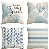 AVOIN colorlife Take Me to The Beach Summer Throw Pillow Covers, 16 x 16 Inch Blue Ocean Starfish Summer Cushion Case for Sofa Couch Set of 4