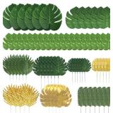 50 Pieces 10 Kinds Artificial Palm Leaves Golden Tropical Leaves with Stems Jungle Leaves Decorations for Hawaiian Luau Party Beach Baby Shower Wedding Birthday