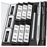 Four Candies 2PCS 0.5mm & 0.7 mm Metal Mechanical Pencils Set, 360PCS Lead Refills, 12 Erasers, Cool Lead Pencil with Case for School Writing, Sketching, Technical Work, Art Projects, Black & Silver