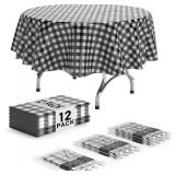 Exquisite Picnic Table Cover - 12 Pack Round Premium Black & White Checkered BBQ Table Cover - Gingham Checkerboard Disposable Plastic Tablecloth 84 inch