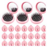 24 Pcs Foldable Travel Mirror Hair Brushes, Pink Coquette Bow Mini Hair Brushes, Round Compact Massage Scalp Comb, Preppy Detangler Brush for Purse Travel Team Gifts Trendy Stuff Party Favors