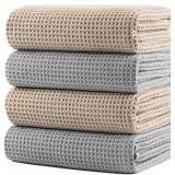 POLYTE 430 GSM Microfiber Oversize Quick Dry Lint Free Bath Towel, 60 x 30 in, 4 Pack (Waffle Weave)