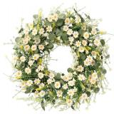$29 Sggvecsy White Daisy Wreath 24 Inch with Fake Silk Floral Green Eucalyptus Leaves and Lavender for Spring Summer Front Door Window Wall Wedding Farmhouse Festival Decor