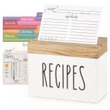 $14 Dahey Wooden Recipe Box White Recipe Organizer with 100 Recipe Cards and 6 Dividers, Recipe Card Holder Box Set with Lid and Slots to Write in Your Own Recipes for Cooking Lover Kitchen, 6.9