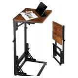 $36 Folding Side Table, Adjustable C-Shaped End Table for Couch, Metal Frame TV Tray Table for Sofa Living Bedroom Bedside Coffee Small Spaces (Brown, 15.8" L x 11.8" W)