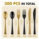 $29 Kochorie 300 Pieces Graduation Black and Gold Plastic Silverware Heavy Duty Plastic Cutlery Set Disposable Flatware Includes Spoons Forks Knives for Party Supplies