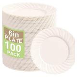 $23 U-QE 100 Count 6 Inch Ivory Plastic Plates - Scalloped Dessert Plates Disposable - Premium Fancy Disposable Heavy Duty Party Supplies for Party, Celebrations, Weddings and Events