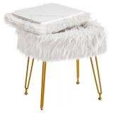 $23 IBUYKE Rectangular Faux Fur Vanity Stool with Storage, Furry Makeup Chair Ottoman, Soft Padded Seat, Round Footrest Footstools with 4 Metal Legs, for Living Room Bedroom Entryway, White WBD022W