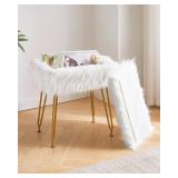 $23 IBUYKE Rectangular Faux Fur Vanity Stool with Storage, Furry Makeup Chair Ottoman, Soft Padded Seat, Round Footrest Footstools with 4 Metal Legs, for Living Room Bedroom Entryway, White WBD022W