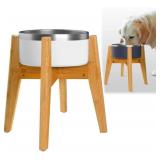 $25 Dog Bowl Stand (14-inch High) - Ideal for Large Breeds, Use to Elevate, Raise Pet Dishes, Water Fountains and Slow Feeders - Adjustable Sideways, Bamboo - (Bowls not Included)