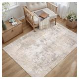 $37 3x5 Washable Area Rug Beige Grey Abstract Non Slip Soft Low Pile Rug for Entryway Kitchen Bathroom Neutral Modern Throw Carpet for Living Room Bedroom Home Decor
