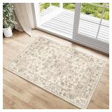 $20 2x3 Washable Neutral Area Rug Beige Vintage Entryway Kitchen Carpet Non-Slip Soft Low Pile Farmhouse Indoor Small Throw Rug for Bedroom Bathroom Entrance