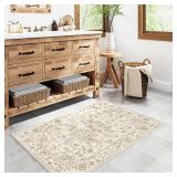 $20 2x3 Washable Neutral Area Rug Beige Vintage Entryway Kitchen Carpet Non-Slip Soft Low Pile Farmhouse Indoor Small Throw Rug for Bedroom Bathroom Entrance