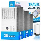 $25 15 Packs Vacuum Bags for Travel with Rechargeable Pump, 3 Sizes Vacuum Seal Bags for Clothing, Compression Vacuum Travel Bags for Luggage, Vacuum Packing Bags for Closet Organization