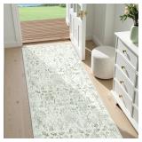 $28 Sage Green 2x6 Runner Rug for Hallways Bed Side Kitchen, Boho Washable Distressed Low-Pile Floor Entryway Long Bathroom Mat, Non-Slip Laundry Room Washstand Front Carpet Green 24x72 Inch