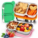 Palksky Snack Containers with Silicone Lids, Stainless Steel 2 Compartment Snack Box for Adults, Reusable Snackle Box Container with Utensil Clip, Snack Prep Containers for Travel & Office (3 Packs)