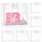 $13 Ohuimrt Clear Plastic Gift Bags with Handles, 12 Pack, White | 12 x 10 x 5 Inch, Reusable, With Ribbon, Party Favor Bags, For Wedding, Bachelorette Party