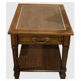 LLS - Vintage Side Table - Inset Cane Top End Table With Drawer & Shelf