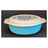 K - Vintage Pyrex  Blue Doily Promotional Oval Casserole Dish with Lid