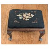 LR - Vintage Needlepoint Footstool Ottoman Carved Wood