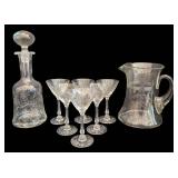 K - Vintage Etched Glass Pitcher, Decanter & Glasses Set