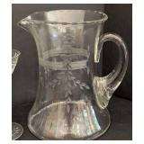K - Vintage Etched Glass Pitcher, Decanter & Glasses Set