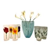 LLFR - Glass Vase With Faux Lilies & Painted Glasses Mixed Lot