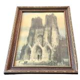 LLFR - Antique Framed Tinted Lithograph West Front of the Reim Cathedral