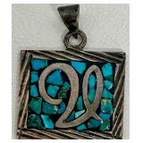 Sterling Silver Turquoise Script Initial Pendant 1 Inch Square