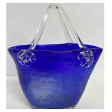 Blue Art Glass Basket & Paperweight Set