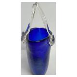 Blue Art Glass Basket & Paperweight Set