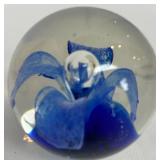 Blue Art Glass Basket & Paperweight Set