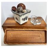 Wooden Box Mixed Lot With Wicker Basket, Ceramic Planter & Glass Dish 19 X 8 X 6 in