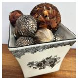 Wooden Box Mixed Lot With Wicker Basket, Ceramic Planter & Glass Dish 19 X 8 X 6 in